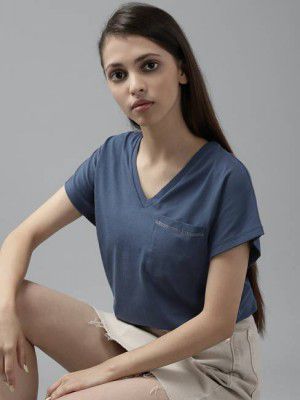 Roadster Girls Solid Pure Cotton T-Shirt (Dark Blue, Pack of 1)