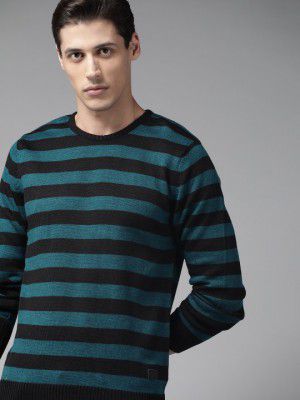 Roadster Men Black & Blue Striped Pullover