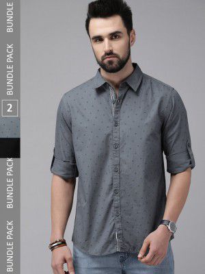 Roadster Men Grey Geometric Printed Pure Cotton Casual Shirt-Pack Of 2