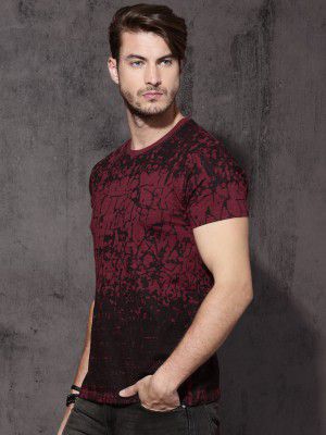 Roadster Men Red All-Over-Printed Round Neck T-shirt