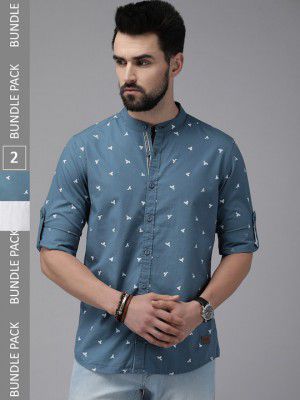 Roadster Men Teal Blue Printed Pure Cotton Casual Shirt- Pack Of 2