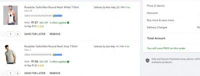Flipkart : Add 2 Qyt.in cart & Get Rs 80 Off Extra |  Roadster Mens T Shirts Upto 80% Off