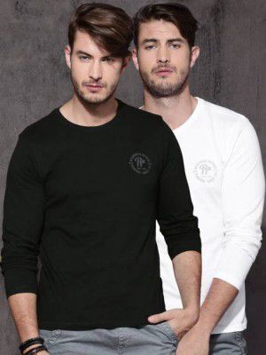 Roadster Pack of 2 Men Solid Round Neck Cotton Blend White, Black T-Shirt