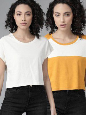Roadster Pack of 2 Women Colorblock Round Neck Pure Cotton Yellow T-Shirt