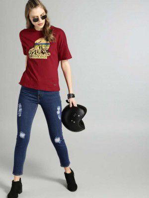 Roadster  Printed Women Round Neck Maroon T-Shirt