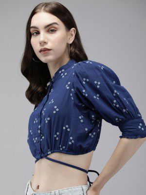 Roadster The Life Co. Embroidered Puff Sleeve Pure Cotton Shirt Style Crop Top