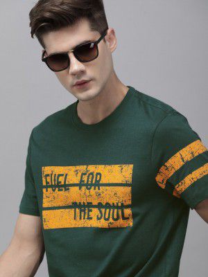 Roadster The Lifestyle Co Men Green Typography Printed Pure Cotton T-shirt