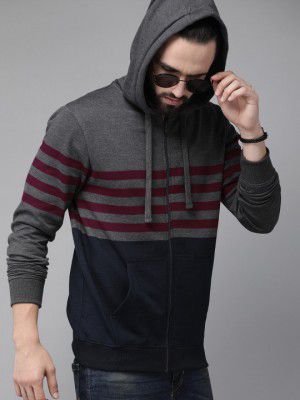 Roadster The Lifestyle Co Men Navy Blue & Grey Colourblocked Hooded Sweatshirt