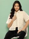 Roadster The Lifestyle Co. Off White schiffli Spread Collar Semi Sheer Cotton Shirts...
