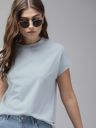 Roadster The Lifestyle Co Women Dusty Blue Solid Round Neck Pure Cotton T-shirt...
