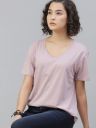 Roadster The Lifestyle Co Women Lavender Solid Pure Cotton V-Neck Pure Cotton T-shirt...
