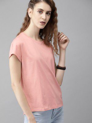 Roadster The Lifestyle Co Women Pink Solid Round Neck Pure Cotton T-shirt