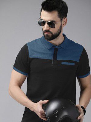 Roadster The Men Black And Blue Colourblocked Polo Collar Pure Cotton T-shirt