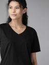 Roadster Women Black Solid V-Neck Pure Cotton T-shirt...
