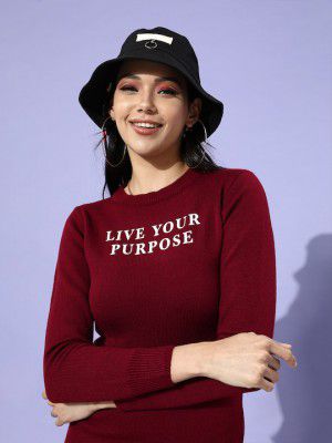 Roadster Women Charming Maroon Typography Sweater Dress