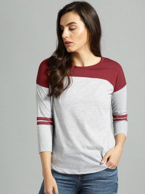 Roadster Women Grey Melange & Maroon Colourblocked Round Neck T-shirt