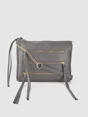 Roadster Women Grey Solid Zip Detail Tasseled Structured Sling Bag