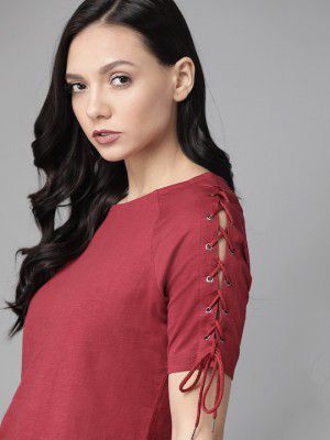 Roadster Women Maroon Lace-Up Sleeved T-shirt