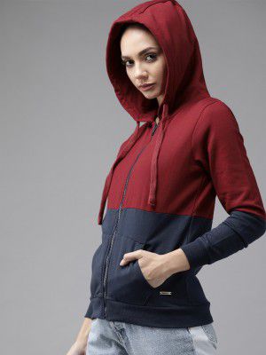 Roadster Women Maroon & Navy Blue Colourblocked Hooded Sweatshirt