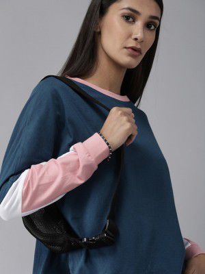 Roadster Women Navy Blue Extended Colourblocked Sleeves Pure Cotton T-shirt