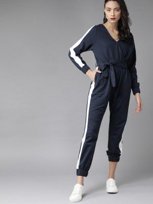 Roadster Women Navy Blue & White Pure Cotton Side Taping Basic Jumpsuit
