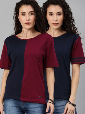 Roadster Women Pack Of 2 Maroon Navy Blue Round Neck Pure Cotton T-shirt