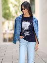 Roadster Women Printed Round Neck Pure Cotton Dark Blue T-Shirt...