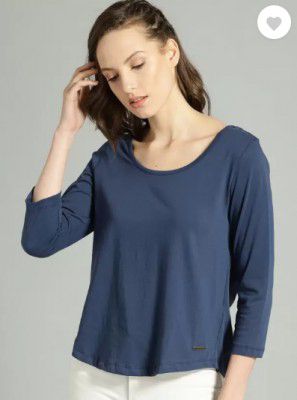 Roadster  Women Solid Round Neck Pure Cotton Dark Blue T-Shirt