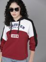 Roadster Women White 8 & Maroon Colour blocked Hooded Sweatshirt...