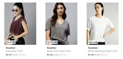 Myntra : Upto 90% Off On Roadster T-shirts For Womens Starts At ₹104