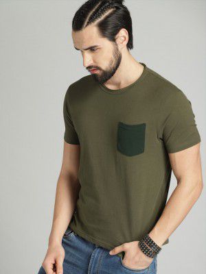 RoadsterMen Olive Green Raw Edge Cotton Pure Cotton T-shirt