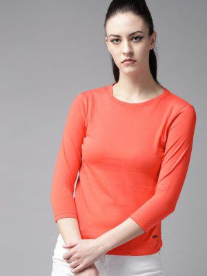 RoadsterWomen Coral Orange Solid Round Neck Pure Cotton T-shirt