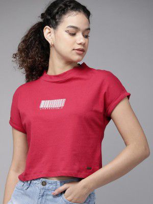 RoadsterWomen Fuchsia Typography Printed Extended Sleeves Pure Cotton T-shirt