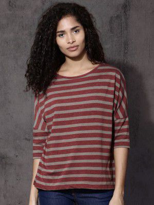 Roadster Women Maroon & Grey Striped Round Neck T-shirt