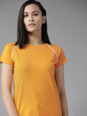 RoadsterWomen Mustard Yellow Solid Round Neck Pure Cotton T-shirt with Piping Detail