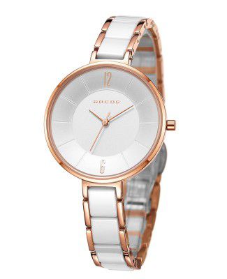 ROCOSJEWE R0309 Women’s Watch, Minimalist White Dial with Rose Gold Accents, Ultra-Thin Ceramic Watch 