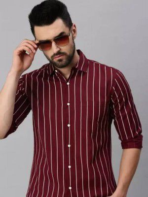 RODEIZ  Men Slim Fit Striped Spread Collar Casual Shirt