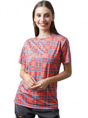 RodZen Oversized | Loose Fit | Relaxed Fit Half Sleeves Polyester Round Neck Checksred T-Shirt for Womens/Girls