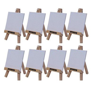 Roger & Moris Rubber Wood Mini A-Frame Easel 6 with Canvas 3.5 X 3.5 - Portable Canvas Holder, Superior Quality for Home Decor, Displaying Pictures, Wedding Display (Set of 8)