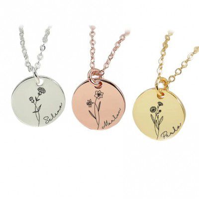 RoiDes Arts Customized Laser Engraved Birth Flower And Name Necklace Gold, Silver, Rose Gold Plated For Girls and Women