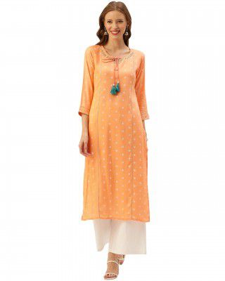 ROLYPOLY Women's Orange Coloured Rayon Slub Jaipuri Printed Kurti (ROLYJPR13-P)