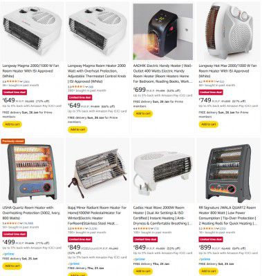 Room Heaters upto 73% off starting From Rs.499