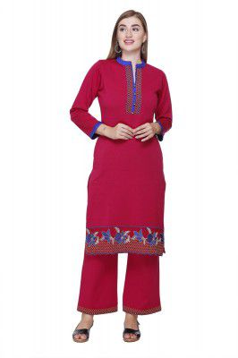 Rosary Women's Embroidered Woolen Kurta Set with Palazzo - Warm Winter Wear, Full Sleeve, Mandarin Collar (2 Piece), 2PCS-EMB-RY04_A