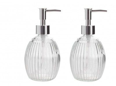 Roscoe Clear Glass Round Vertical Stripe Design Refillable Soap Dispenser for Bathroom with Plastic Pump, Handwash Liquid Dispenser Bottle for Kitchen, Lotion, Shower Gel and Sanitizer Dispenser for H