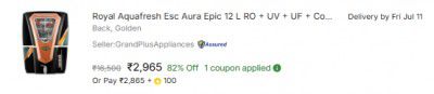 Royal Aquafresh Esc Aura Epic 12 L RO + UV + UF + Copper Guard + pH enhancer Water Purifier  (Back, Golden)