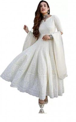Royal Export Womens Cotton Anarkali White Color Chikankari Suit with Dupatta