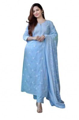 Royal Export Women's Viscose Floral Embroidered Straight Kurta Pant with Dupatta