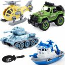 Royal Hub DIY Military Army Car Toy 4 Pack with 1 Screwdriver Tools, Kids STEM Toys Including 1 Helicopter, 1 Jeep, 1 Tank, and 1 Boat for Toddlers Age 3-6, Birthday Gifts for Boys 2 3 4 5 6 Year Old...