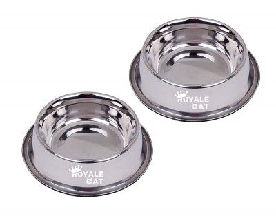 Royale Cat Dog Silver Stainless Steel Bowl Anti Skid Non Tip Dog Bowl (Buy 1 Get 1 Free, X- Small Bowl for Cats)