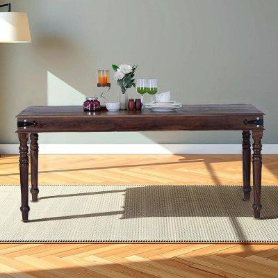 Royaloak Hilton Wooden Dining Table 6 Seater | Sheesham Wood | Powder Coated Metal Elements Husky Farm | Turned Design | Classic Design | Strong & Durable | Emperor Collection